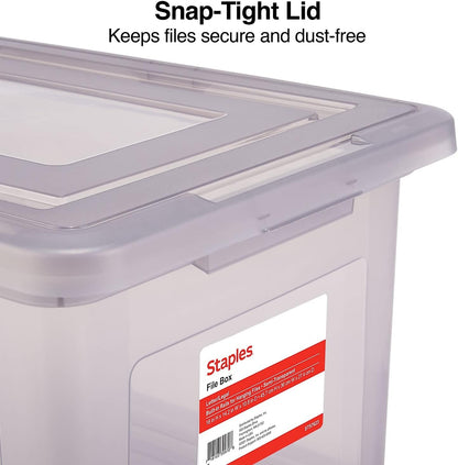 STAPLES Hanging File Folder Box, Storage Bin Organizer, Snap Lid, Letter & Legal Size Documents, Frost Gray