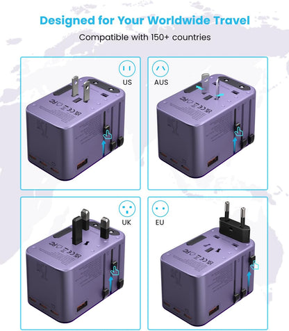 Universal Travel Adapter, VINTAR 75W GaN International Power Adapter with 3 USB C PD and 2 USB A QC, All in One Travel Essentials for UK/EU/USA/AUS, Travel Adapter Worldwide for Laptops Phones, Purple