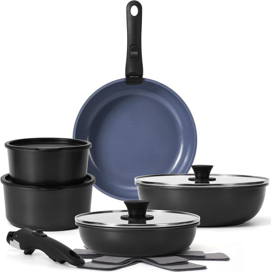 15 Pcs Pots and Pans Set Non Stick, Detachable Handle Ceramic Cookware Sets Nonstick, Non Toxic Induction RV Kitchen Cooking Set with Removable Handles, Dishwasher/Oven Safe, Easy Clean