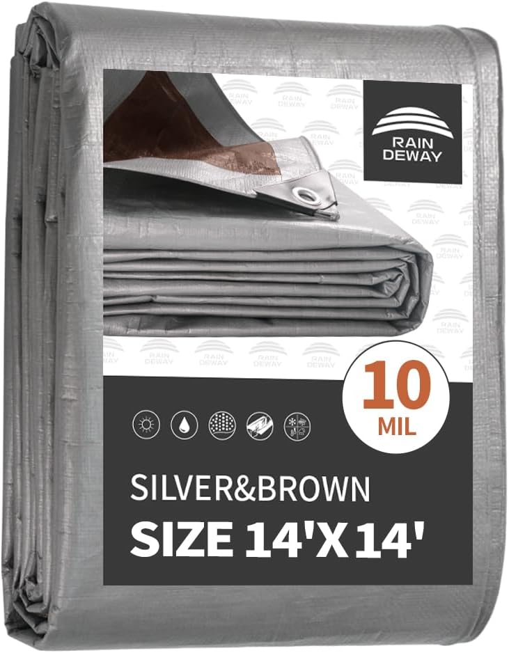 RAINDEWAY Tarps Heavy Duty Waterproof 14x14 Feet, 10Mil Multipurpose Poly Tarp Cover with Metal Grommets,Silver/Brown Tarp Finished Size,for Carport，Boats，Camping