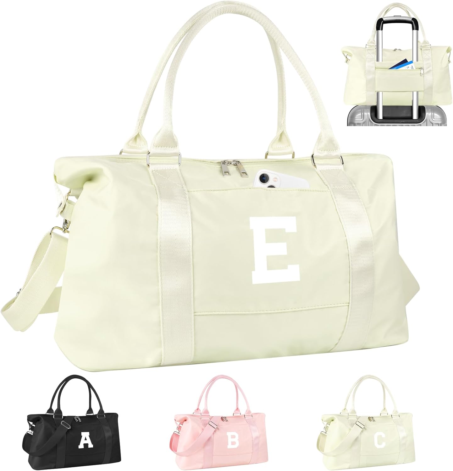 Initial Travel Duffel Bag Sports Gym Bag for Kids Teen Birthday Gifts,Beige Personalized Weekender Bag Carry On Dance Bags for Women Men,Waterproof Monogram Overnight Bag with Trolley Sleeve(Letter E)