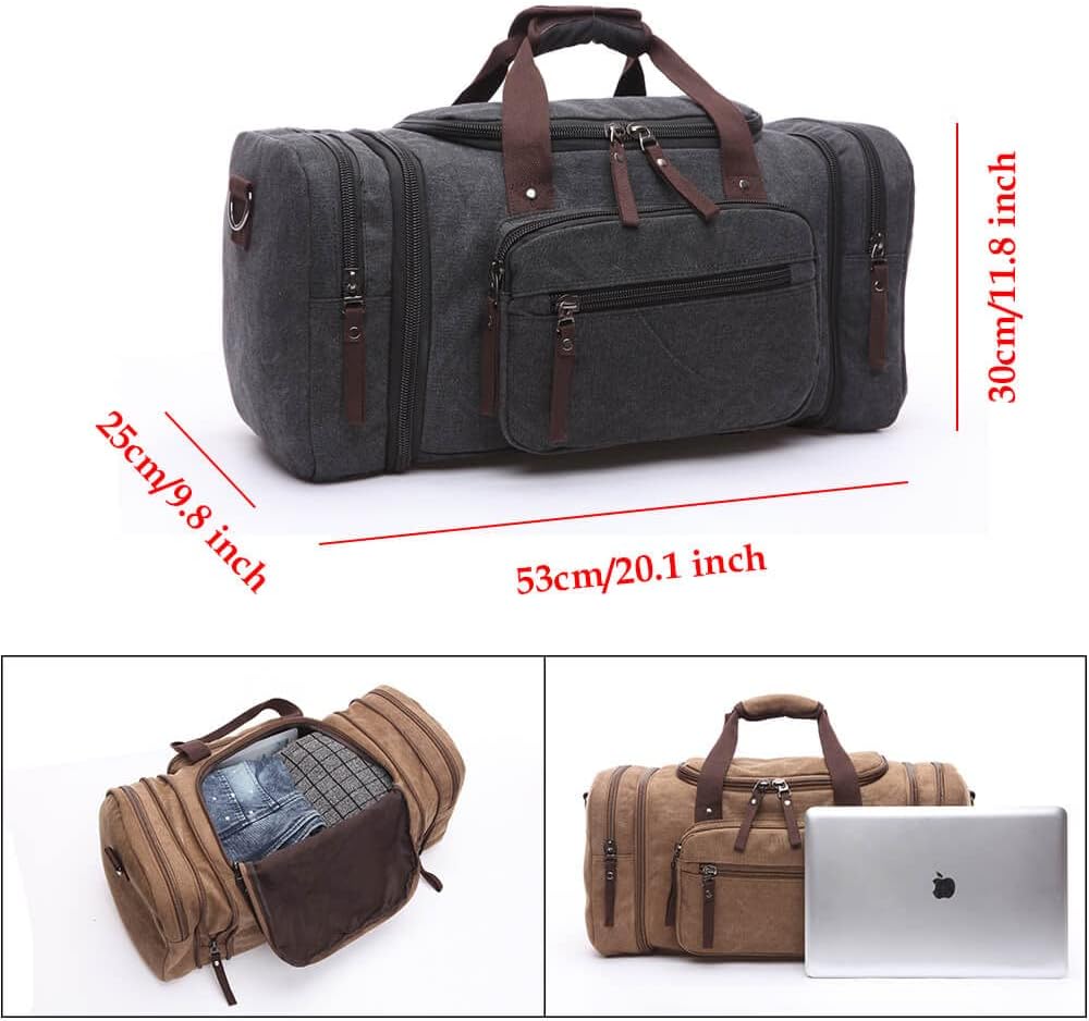Duffle Bag for Travel, Large Canvas Duffel Bag for Travelling Overnight Weekender Bag Carry On Bag for Men Women Coffee