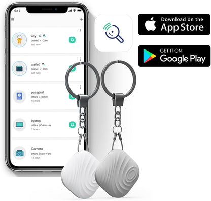 Key Finder, Bluetooth Tracker Item Locator with Key Chain for Keys Pet Wallets or Backpacks and Tablets, Batteries Include (1 White & 1Gray, 2 Pack)