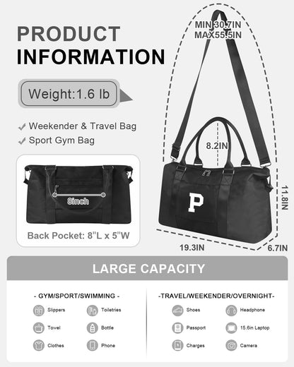 Initial Travel Duffel Bag Sports Gym Bag for Boys Teen Birthday Gifts,Black Personalized Weekender Bag Carry On Tote Bags for Men,Waterproof Overnight Luggage Bag Airplane Travel Essentials(Letter P)