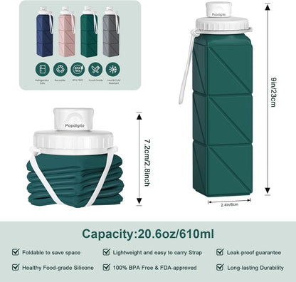 4pack Collapsible Water Bottles, 20.6oz Foldable Water Bottle BPA Free Reusable Lightweight LeakProof Travel Silicone Water Bottles for Travel, Gym, Hiking, Office, Camping, Sports Portable