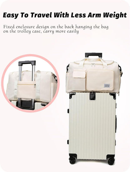 Multipurpose 20L Foldable Duffel Bag Gym Yoga Bag Carry-On Shopping Sack Travel Organizer Cabin Bag Sundry Package Wet&Dry Compartment (Beige)