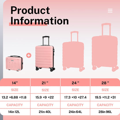 AnyZip 21" Carry On Luggage and 14" Mini Cosmetic Cases Luggage Set Hardside PC ABS Lightweight USB Suitcase with Wheels TSA for kids (2-Piece Set (14/21),Pink)