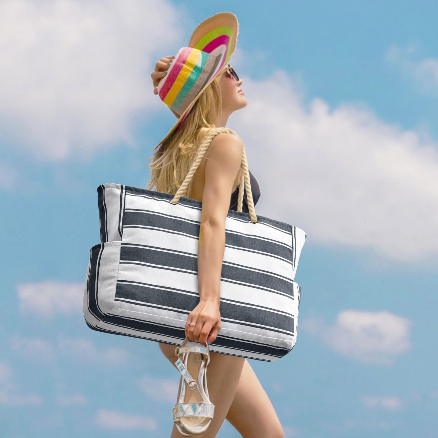 Becokan Beach Bags for Women Large Waterproof Beach Tote Bag Zipper Beach Bags Waterproof Sandproof Swim Pool Bag Large Tote