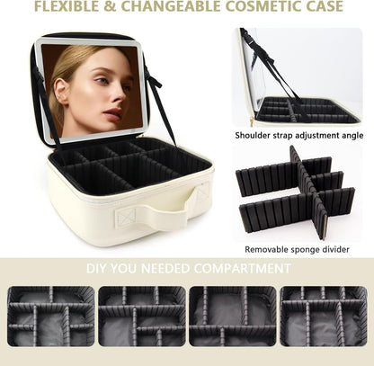 Travel Makeup Bag with LED Lighted Mirror, Travel Makeup Organizer,3 Color Setting Cosmetic Makeup Box, Adjustable Dividers and Brush Holder（white）