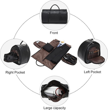 Modoker Convertible Leather Garment Bag, Carry on Garment Bags for Travel, Garment Duffel Bag, Gifts for Men Women Business Waterproof Suitcase Suit Travel Bags, Black