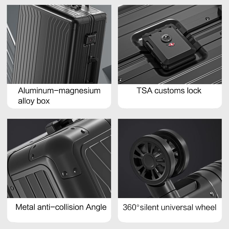 Metal all aluminum carry-on suitcase 20 "hard face, TSA lock and rotating wheel zippered luggage set (silvery, 28 '')