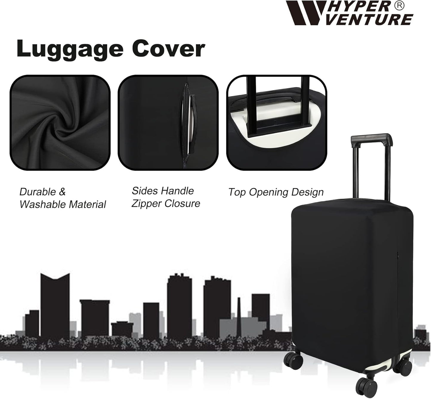 HYPER VENTURE Washable Luggage Cover - Fashion Suitcase Protector Fits 23-26 Inch Luggage (Black, M)
