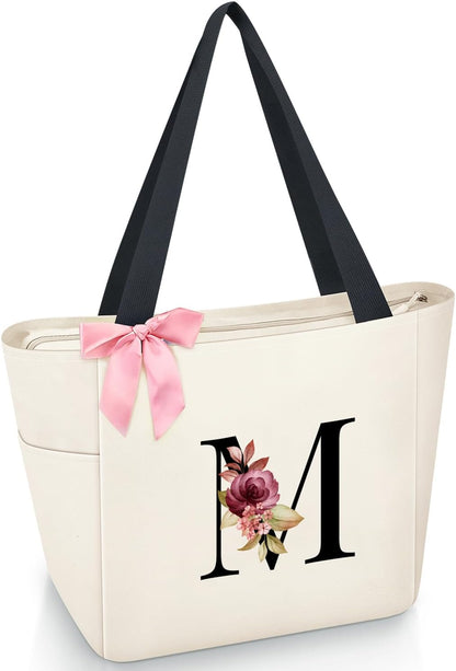 Vavabox Tote Bag, A-Z Initial Monogrammed Waterproof Tote Bag, Bridesmaid Gifts for Women, Black and Pink