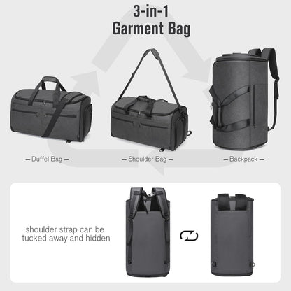 Bukere Garment Bags for Travel, Convertible Carry on Duffel Bag for Men Women, Backpack Straps, Shoe Compartment, 3 in 1 Hanging Dress Suit Bags for Men Women