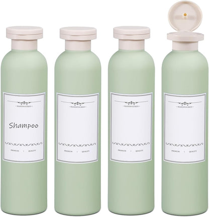 ASEVAT 8.8oz 4Pcs Green Plastic Refillable Travel Shampoo and Conditioner Bottles Plastic Refillable Travel Shampoo Bottles with Flip Cap Shampoo and Conditioner Dispenser