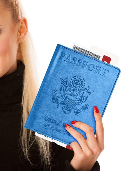 Eoehro Unisex-Adult Passport and Vaccine Card Holder Combo, Sky Blue, Faux Leather, RFID Protected