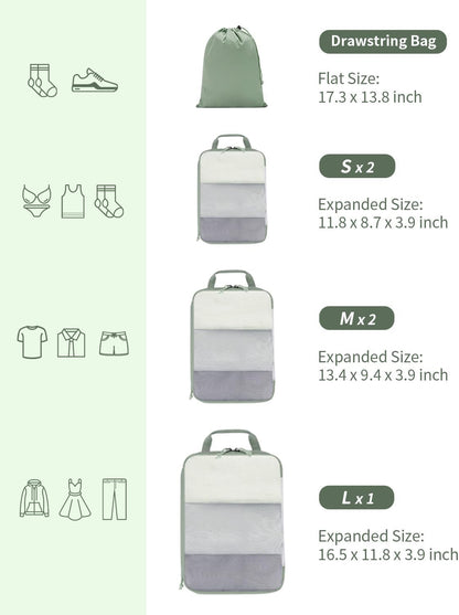 ECOHUB 6 Set Compression Packing Cubes, Lightweight Vacation Travel Essentials, Durable Travel Accessories for Suitcase Carry On Luggage Organizer Bags Set with YKK Zippers Shoe Bag, Green