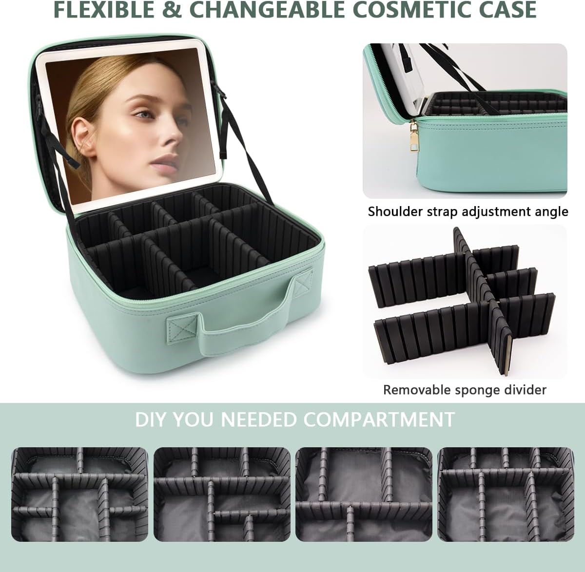 Travel Makeup Bag with LED Lighted Mirror, Travel Makeup Organizer,3 Color Setting Cosmetic Makeup Box, Adjustable Dividers and Brush Holder（light green）