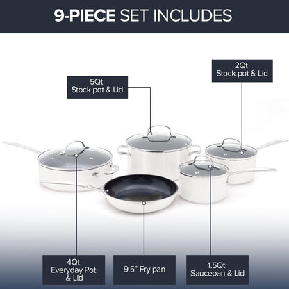 Nuwave Healthy Duralon Blue Ceramic Nonstick Coated 9pc Cookware Set, Scratch-Resistant Diamond Infused, PFAS Free, Induction Ready & Evenly Heats, Oven Safe, Tempered Glass Lids
