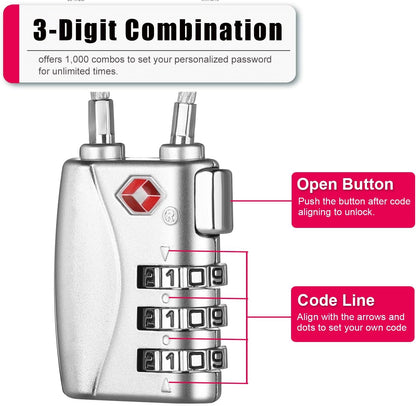 ZHEGE TSA Wire Lock 2 Pack Cable Luggage Lock with Alloy Body for Suitcase, Baggage, Backpack, Pistol Case (Silver)