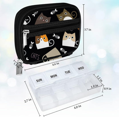 Serfeymi Weekly Travel Pill Organizer Pill Case for Purse with Removable 7 Day Pill Box, Fashionable Travel Medicine Organizer Pill Container for Medicine, Vitamin, Supplement - Black 03 + Pill Box