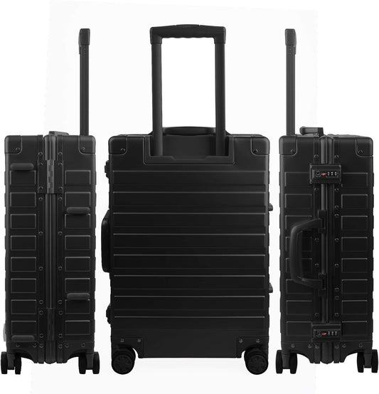 TRAVELKING All Aluminum Carry On Luggage with TSA Locks Zipperless Alloy Metal Hard Shell Spinner Suitcase (Black, 20 Inch)