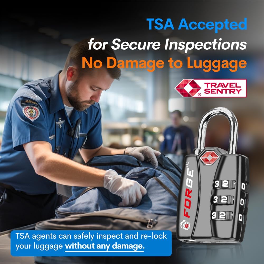 Forge Luggage Locks TSA Approved 6 Pack Black, Small Combination Lock with Zinc Alloy Body, Open Alert, Easy Read Dials, for Travel Suitcase, Bag, Backpack, Lockers.