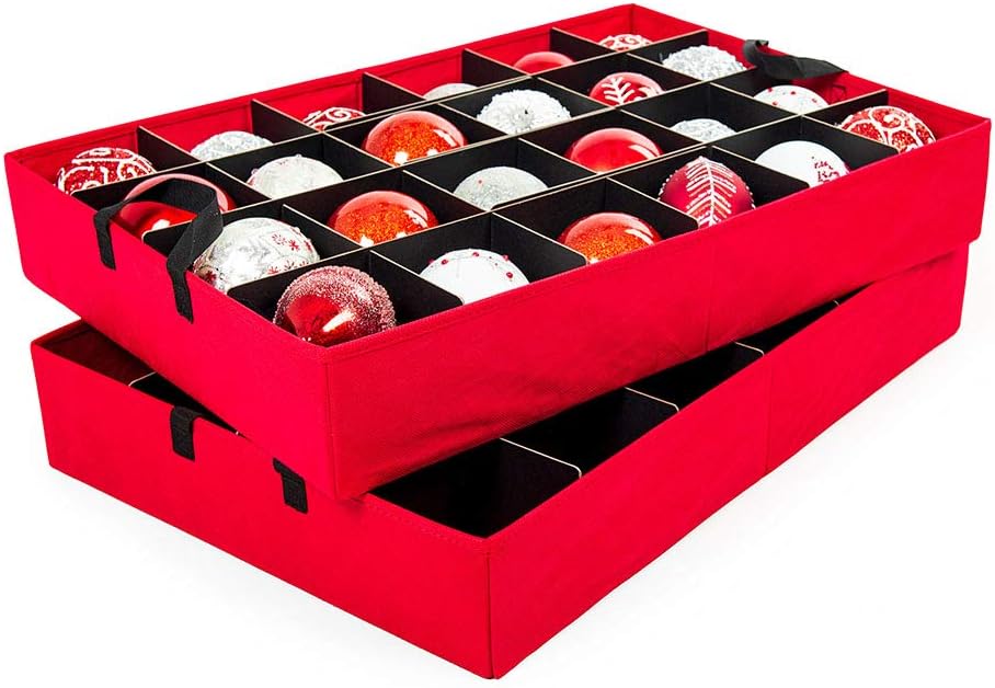 Santa's Bags [Christmas Ornament Storage Box with Dividers] - (Holds 48 Ornaments up to 4 Inches in Diameter) | Acid-Free Removable Trays with Separators | 2 Removable Trays