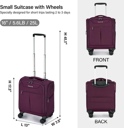 Hanke Underseat Carry On Luggage with Wheels, Lightweight Small Suitcase Airline Approved 16 Inch Softside Personal Item Travel Bag for Women Men, Compact Under Seat Luggage with Spinner Wheels,Purple