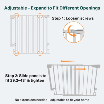 Cumbor 34" Extra Tall No Bottom Bar Baby Gate for Stairs, Wall Mounted Dog Gate Indoor for Larger Pets, Expandable 29.2-43" Safety Gate for Doorways, Wide Walk Thru Door for Easy Access (White)