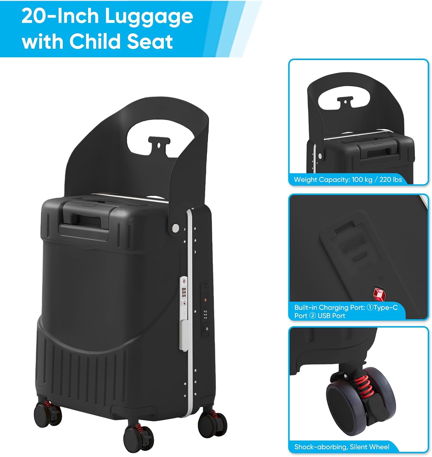 20 Inch Ride on Luggage With Seat For Kids&Adults,with Front Pocket, Foldable Seat Back TSA Approved Lock, 360° Spinner Wheels (20 inch,Black)