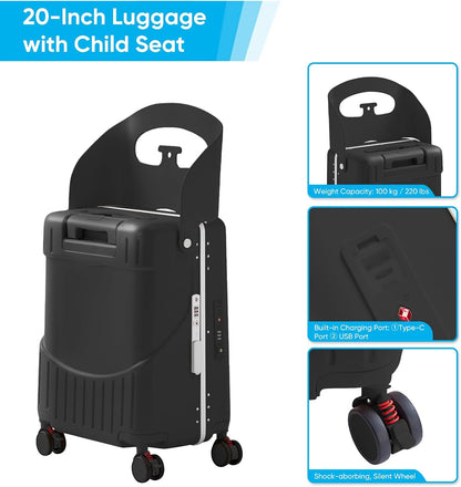 20 Inch Ride on Luggage With Seat For Kids&Adults,with Front Pocket, Foldable Seat Back TSA Approved Lock, 360° Spinner Wheels (20 inch,Black)
