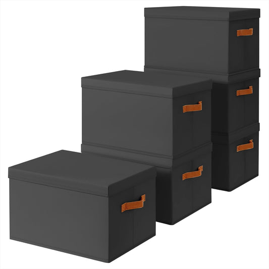 Storage Bins with Lids - Large Fabric Closet Bins with Lid, 6 Pack Clothes Organizers and Storage, Collapsible Stackable Cube Basket for Home, Office, Dorm, Black