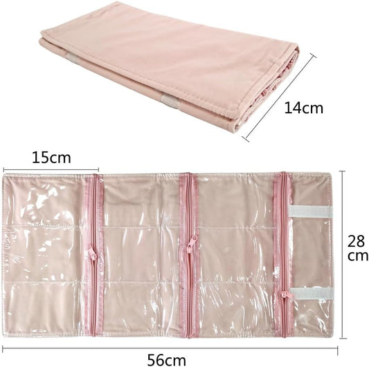 Travel Jewelry Roll Bag Portable Organizer Pouch With Grids&PVC Cover Storage Bags for Necklace, Bracelet, Bracelet,Ring, Badge, Pendant