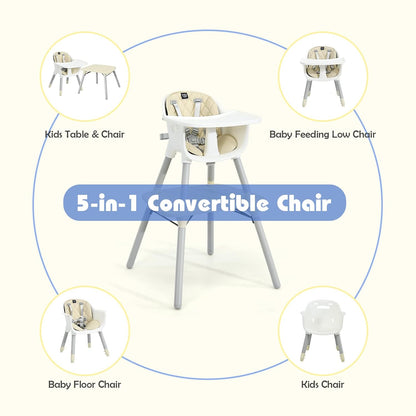 HONEY JOY 5-in-1 High Chair, Convertible Highchair for Babies and Toddlers/Kids Chair Table Set/Infant Feeding Chair w/Safety Harness, PU Leather Cushion & Removable Food Tray (Beige)