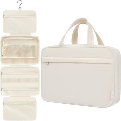 Toiletry Bag For women,Portable Hanging Organizer,4 Leakproof Compartment for full-sized Conditioner, Brushes Set, Makeup Accessories,Visible and easy to access.L-beige