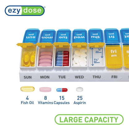EZY DOSE Weekly AM/PM Pill Organizer, 7-Day Vitamin and Medication Box with Large Pop-Out Compartments, 2 Times a Day Pill Holder for Easy Dosing, Yellow and Blue Lids, Travel-Friendly Design