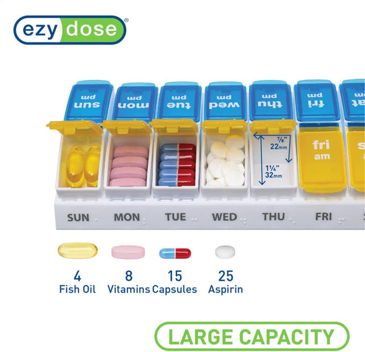 EZY DOSE Weekly AM/PM Pill Organizer, 7-Day Vitamin and Medication Box with Large Pop-Out Compartments, 2 Times a Day Pill Holder for Easy Dosing, Yellow and Blue Lids, Travel-Friendly Design