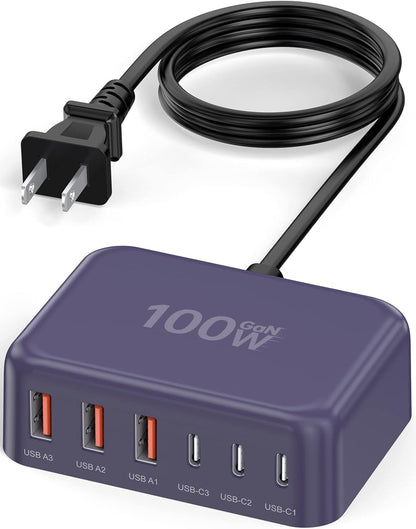 USB C Charger Block, 100W GaN 6 Port PD USB C QC USB A Wall Charger Adapter Plug Cube, Super Fast Type C Charging Station Hub for iPhone 16 15 14 13 12 Pro Max iPad Samsung Pixel 5ft Extension Cord