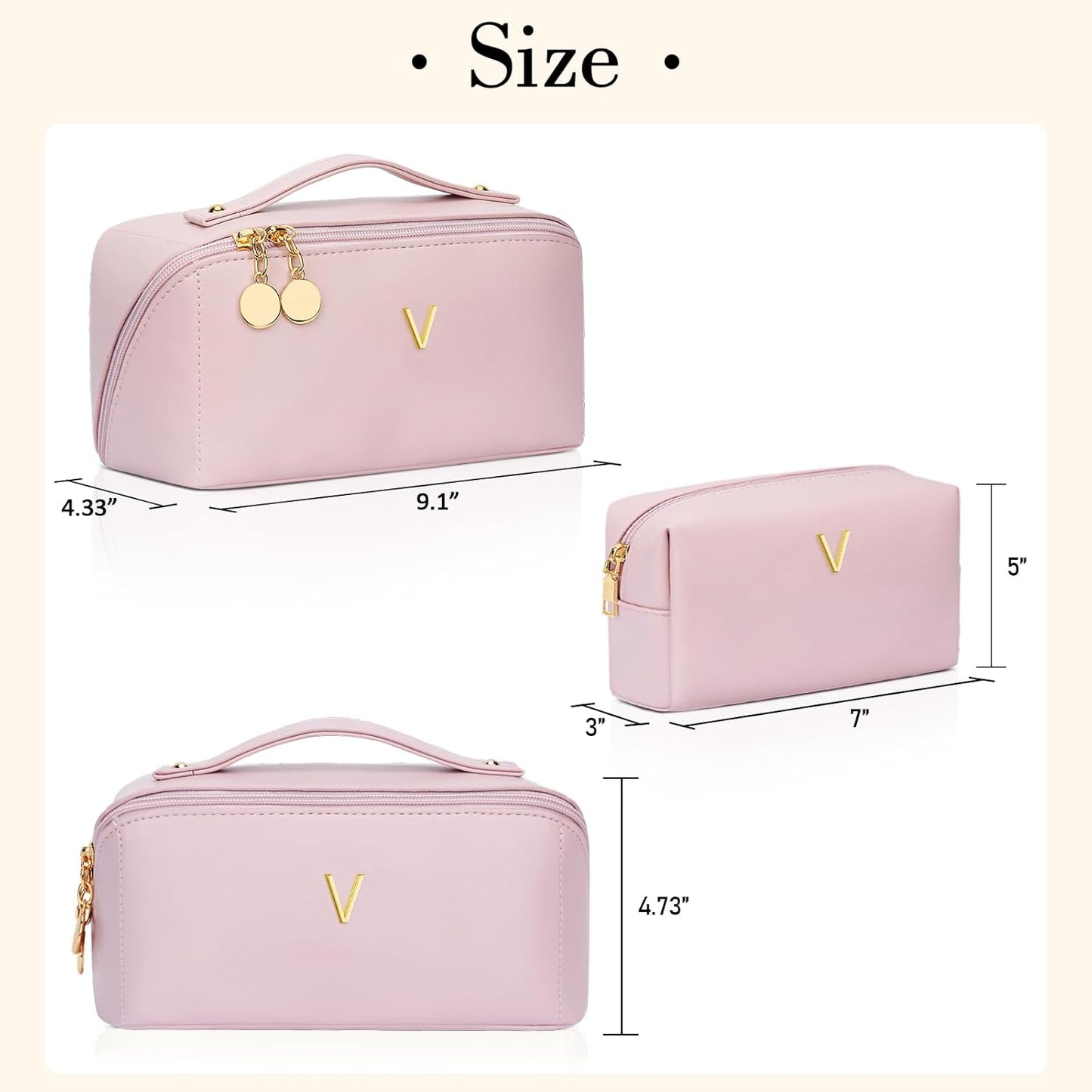 Birthday Gifts for Women Teen Girl, Personalized Initial Makeup Organizer Bag Set, Open Flat Travel Cosmetic Bag With Clear Divider and Handle(Pink,V)