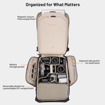 PGYTECH OneGo 2 Camera Backpack 25L with Laptop/iPad Compartment Waterproof Camera Backpack for Urban & Travel Photography Compatible with Sony/Canon/Nikon/DSLR Mirrorless Cameras, Matte Black