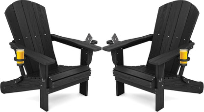 SERWALL HDPE Folding Adirondack Chair with Dual Cup Holder - Composite Adirondack Chair Set of 2- Black