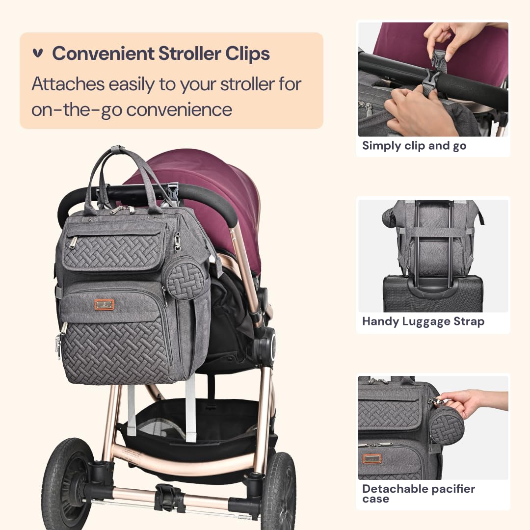 BabbleRoo Diaper Bag Backpack, Multifunction Large Bags with Changing Pad & Stroller Straps & Pacifier Case, Unisex Stylish Travel Back Pack Nappy Changing Bag for Moms Dads (Dark Gray)