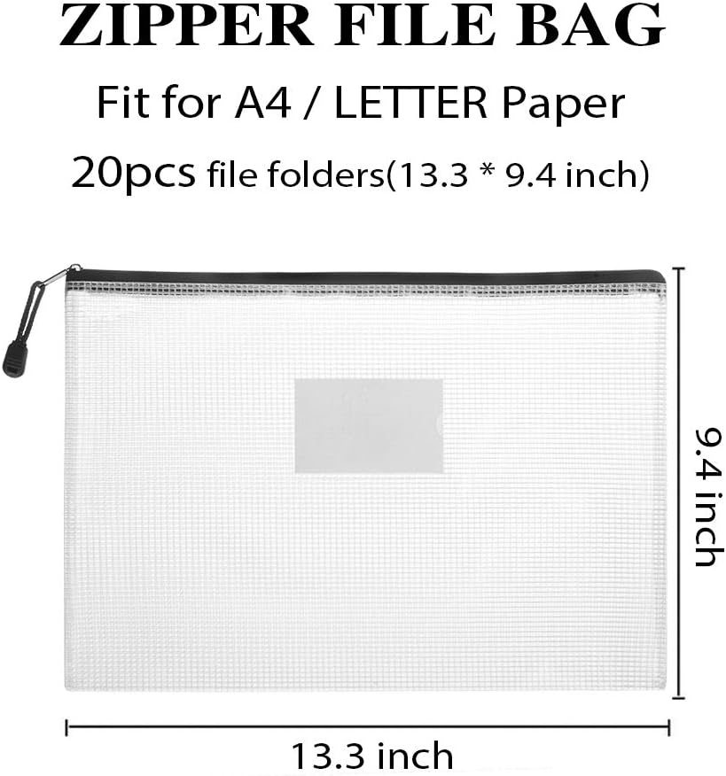 Sooez 20 Pack Mesh Zipper Pouch with Label Pocket, Plastic Zip File Folders, Zipper Document Bag for Teacher School Office Supplies, Classroom Organization, Board Game Storage, 13.3" x 9.4", Black