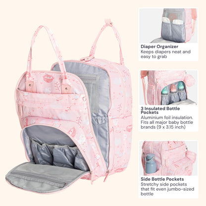 BabbleRoo Diaper Bag Backpack - Baby Essentials Travel Tote - Multi Function Water Resistant Diaper Bag, Travel Essentials Baby Bag with Changing Pad, Stroller Straps & Pacifier Case - Pink Birdy