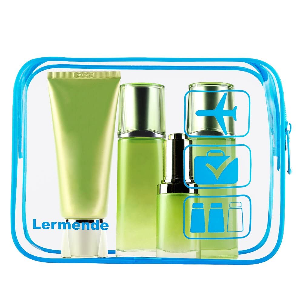 Lermende 2pcs Clear Toiletry Bag TSA Approved Travel Bag,Carry On for Travel,Airport Airline Accessories Compliant Bag,Quart Sized Makeup Cosmetic bag Women Men (Blue, 3 Pack)
