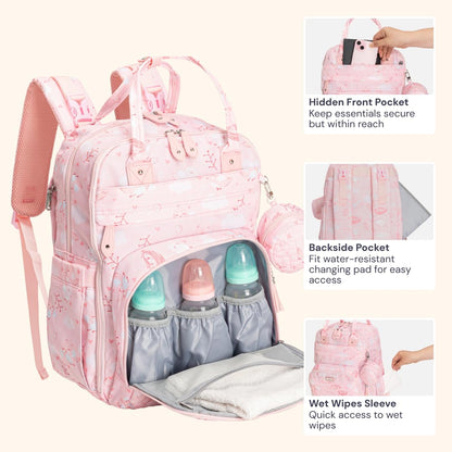 BabbleRoo Diaper Bag Backpack - Baby Essentials Travel Tote - Multi Function Water Resistant Diaper Bag, Travel Essentials Baby Bag with Changing Pad, Stroller Straps & Pacifier Case - Pink Birdy