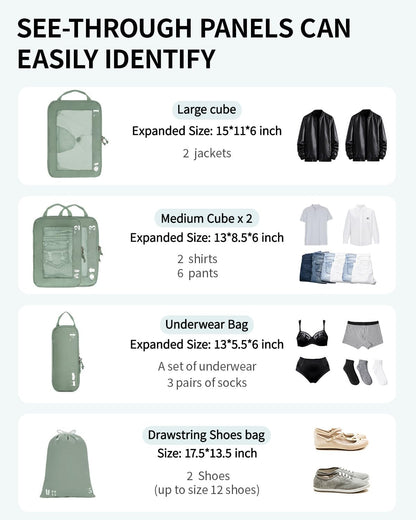 ECOHUB 5 Set Compression Packing Cubes for Suitcases Organiser Bags Set Travel Essentials with Shoe Bags for Travel Tear-resistant Travel Accessories with ID Tag Expandable Packing Bags(Green)