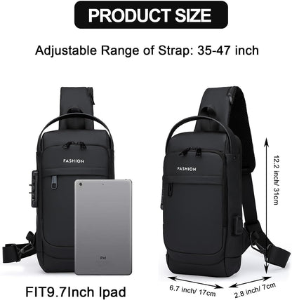 Sling Bag for Men Anti-theft USB Crossbody Shoulder Backpack Purse Waterproof PU Leather Chest Bag Travel Daily Use