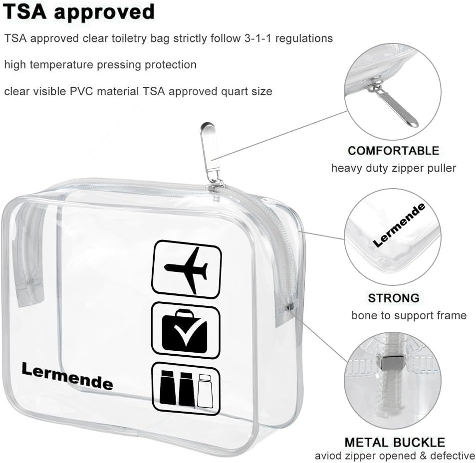 Lermende 2pcs Clear Toiletry Bag TSA Approved Travel Bag,Carry On for Travel,Airport Airline Accessories Compliant Bag,Quart Sized Makeup Cosmetic bag Women Men (Clear, 2 Pack)